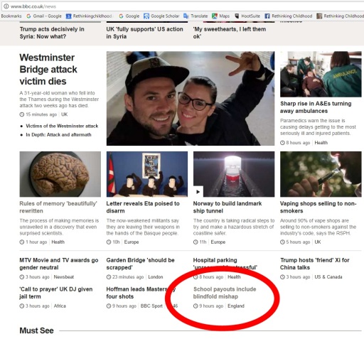 Screengrab BBC News home page 7 April 2017 with school payout story circled